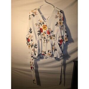 Stunning Romantic Floral White Wrap Top Blouse Shirt Womens Plus Size 2X Vneck